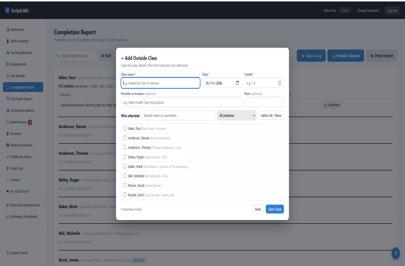 Adding an outside class in ScriptLMS: class name, date, CE credits, and the staff who attended